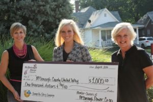 McDonough County United Way Executive Director Cayla Walsh (middle) accepts the Operation Round-Up grant for their Change the Story campaign. Also pictured on the left, Kelly Hamm of McDonough Power and on the right, Operation Round-Up Trustee Ellie Zoerink.